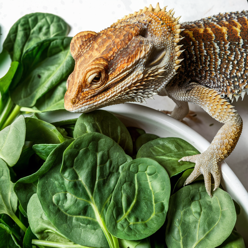 Can bearded dragons eat spinach? - PICTURE OF bearded dragon looking some spinach leaves and wondering if he can eat them